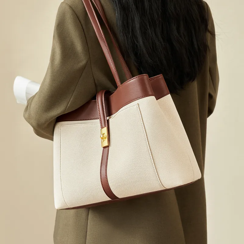 AOKANG Cow Leather Tote Bag, Shopping Bag, Shoulder Bag Large Size Women's Vil Brown/Kama Black-2