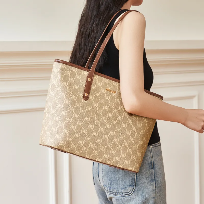 AOKANG PVC Tote Shoulder Bag, Mom Bag, Commute Bag, Shoulder Bag, Handbag Large Size Women's Coffee Brown/Cream Apricot-2
