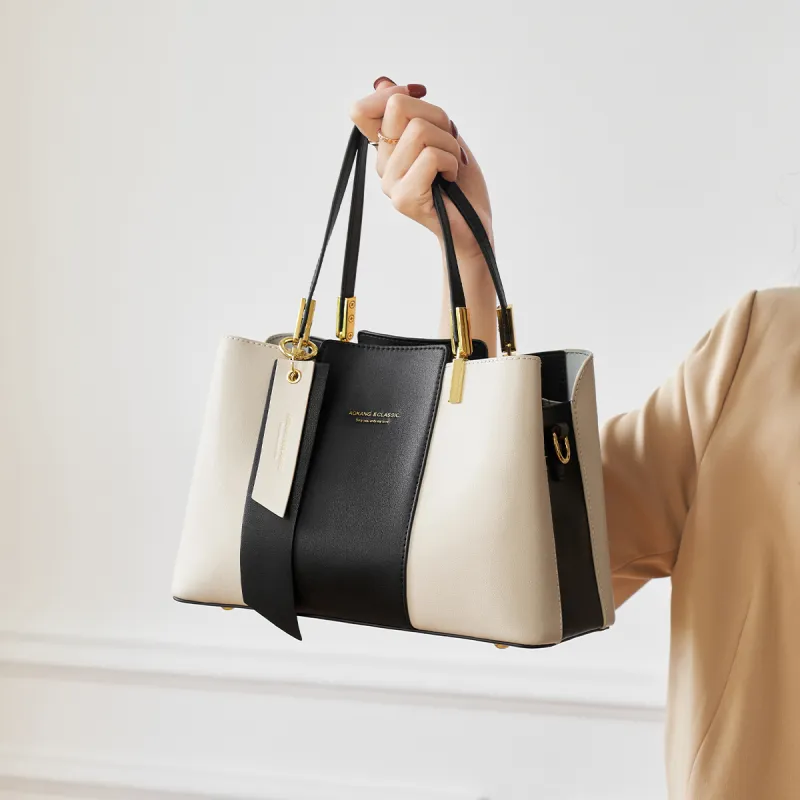 AOKANG Cow Leather Mom Bag, Tote, One Shoulder Handbag Medium Size Women's Light Coffee/Classic Black/Beige Apricot-7