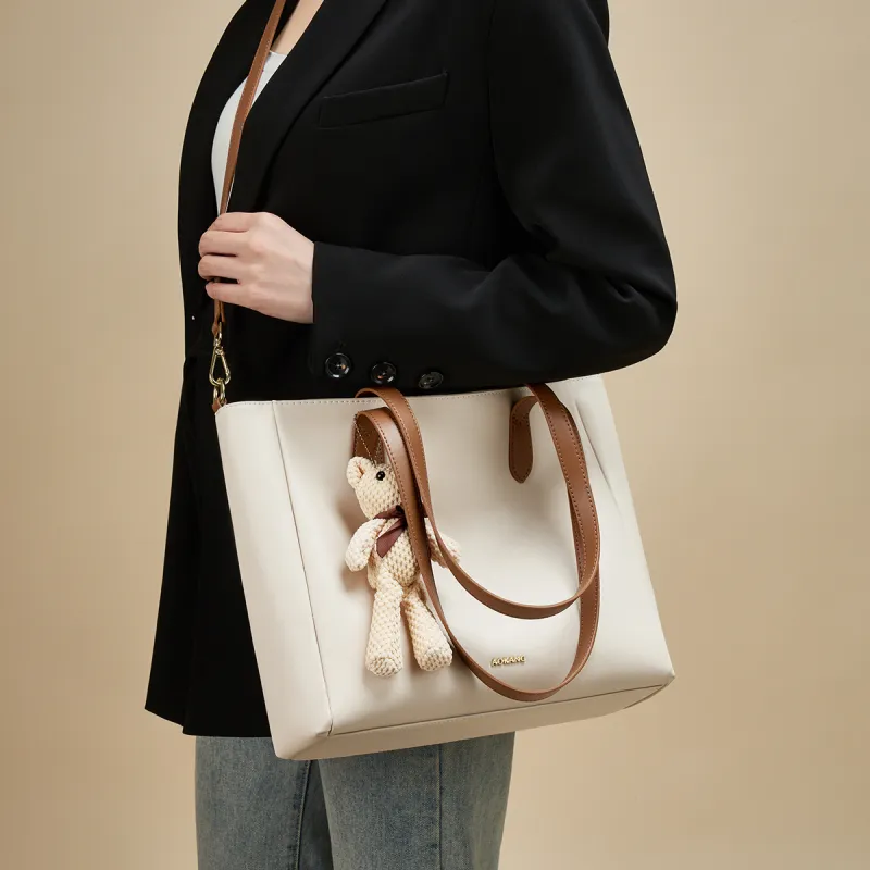 AOKANG Cow Leather With Synthetic Leather Tote Bag, Shoulder Bag, Handbag, Commuter Bag Large Size Women's Ecru-4