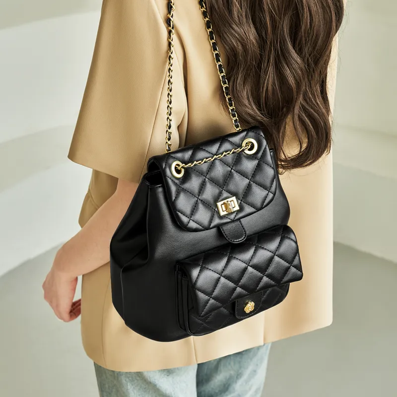 AOKANG Cow Leather Backpack, Diamond Pattern Chain Bag, Commuter Bag Medium Size Women's Classic Black/Ecru-3