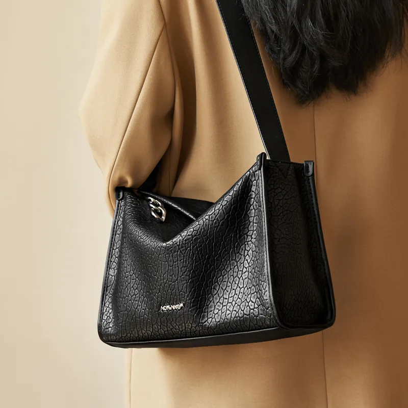 AOKANG Cow Leather Boston Bag, Pillow Bag, Tote Bag, Crossbody Bag Women's Classic Black/Milk Tea-2