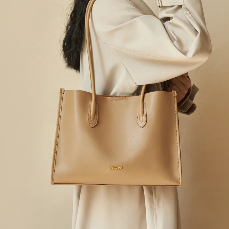 AOKANG Cow Leather Tote Bag, Schooling Bag, Commute Bag, Shoulder Bag Women's Gold Brown/Chestnut Brown/Classic Black-12