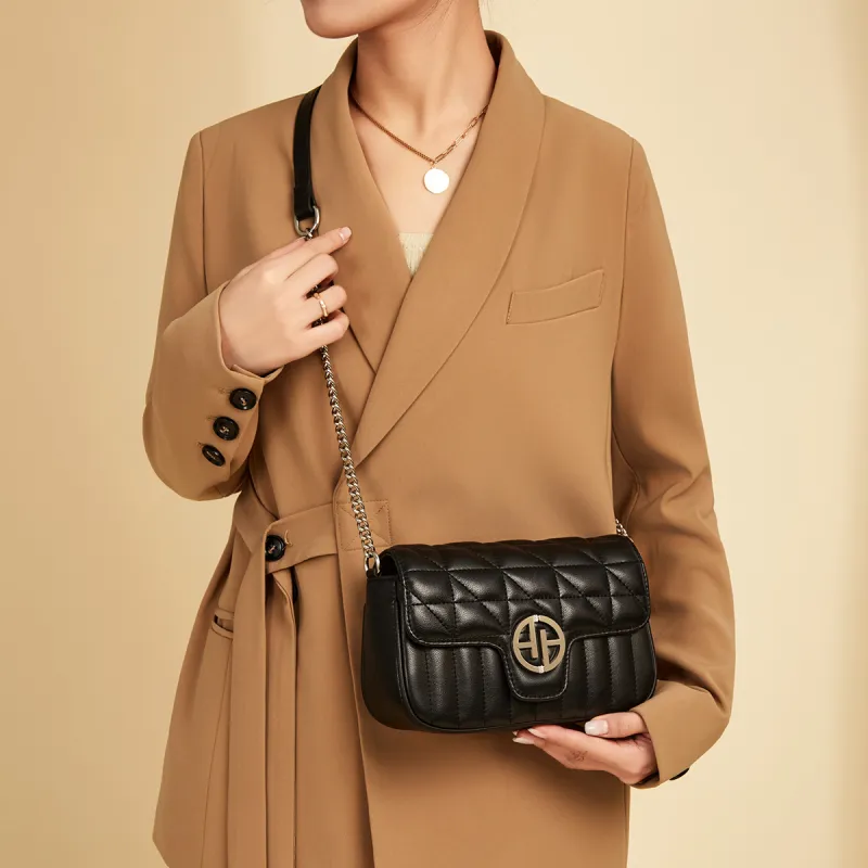AOKANG Cow Leather Shoulder Bag With Diamond Pattern Chain, Crossbody Bag Regular Women's Classic Black/Milkshake White-21
