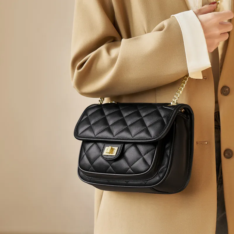 AOKANG Cow Leather Shoulder Bag With Diamond Pattern Chain, Crossbody Bag Regular Women's Classic Black/Milkshake White-13