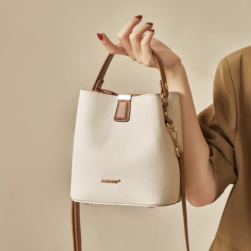 AOKANG Cow Leather Bucket Bag Handbag Armhole Shoulder Bag Commute Crossbody Bag Women's Ecru/Classic Black/Almond-1