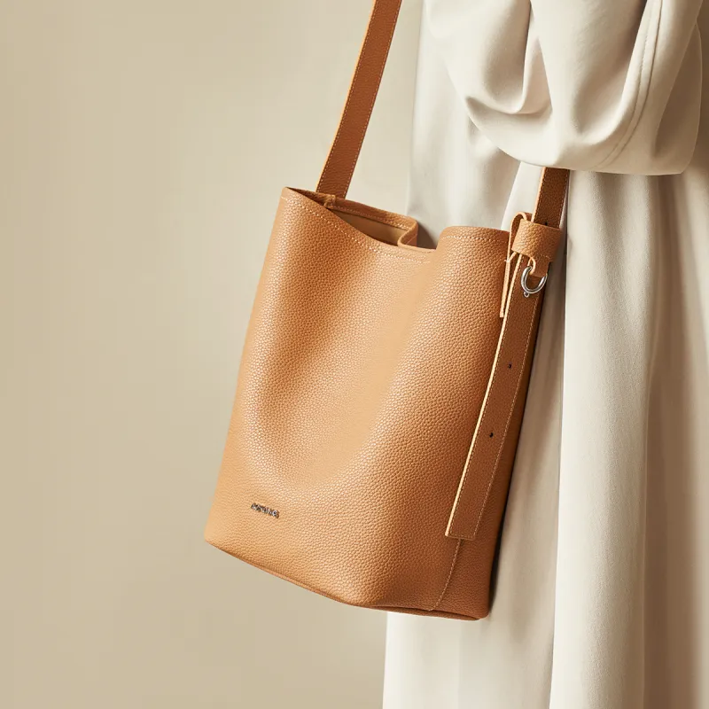 AOKANG Cow Leather Bucket Bag, Shoulder Bag Medium Size Women's Trench Gray/Cookie/Classic Black-7