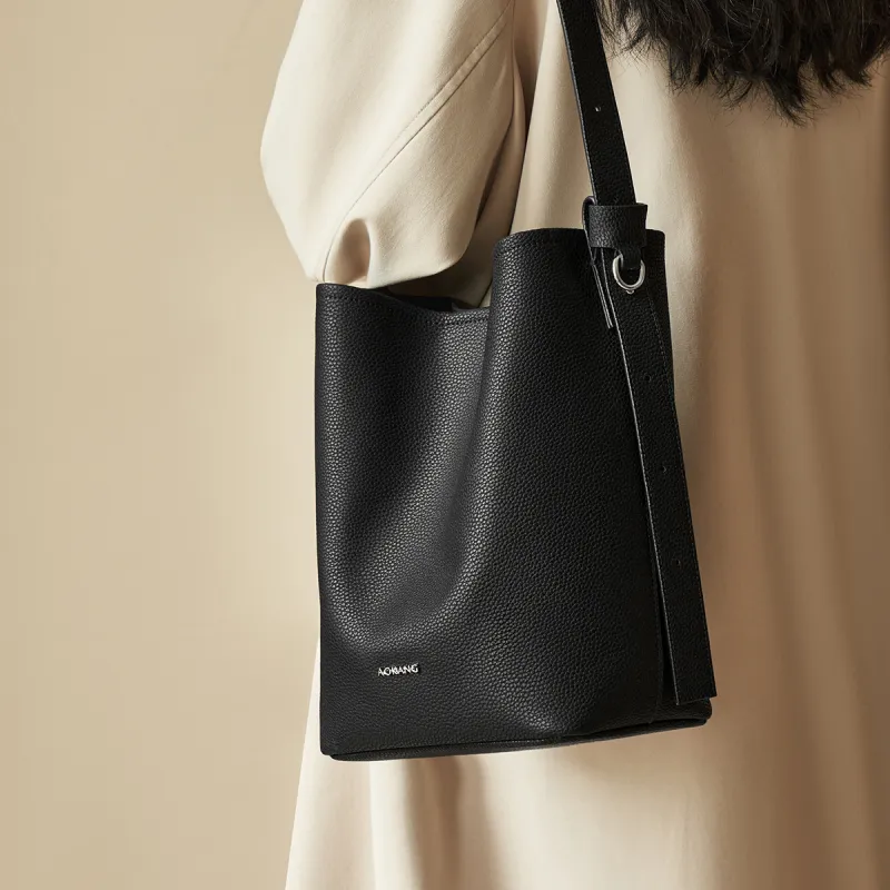 AOKANG Cow Leather Bucket Bag, Shoulder Bag Medium Size Women's Trench Gray/Cookie/Classic Black-9