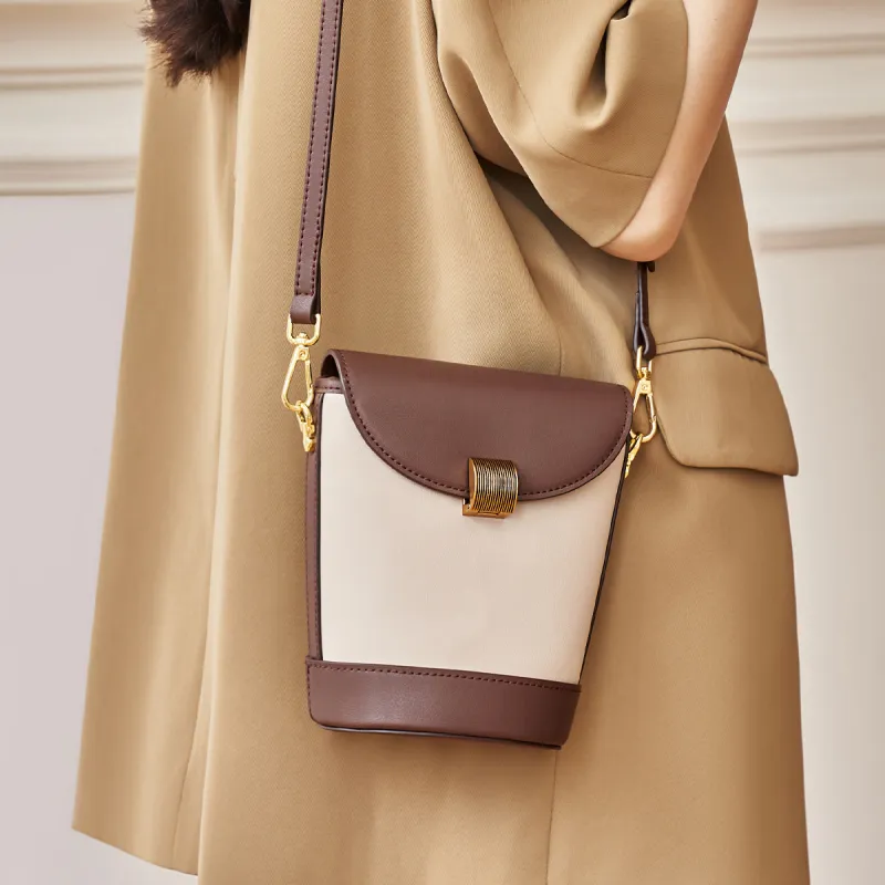 AOKANG Genuine Leather Bucket Bag, Shoulder Bag, Crossbody Bag Small Size Women's Coffee/Cream Apricot-2