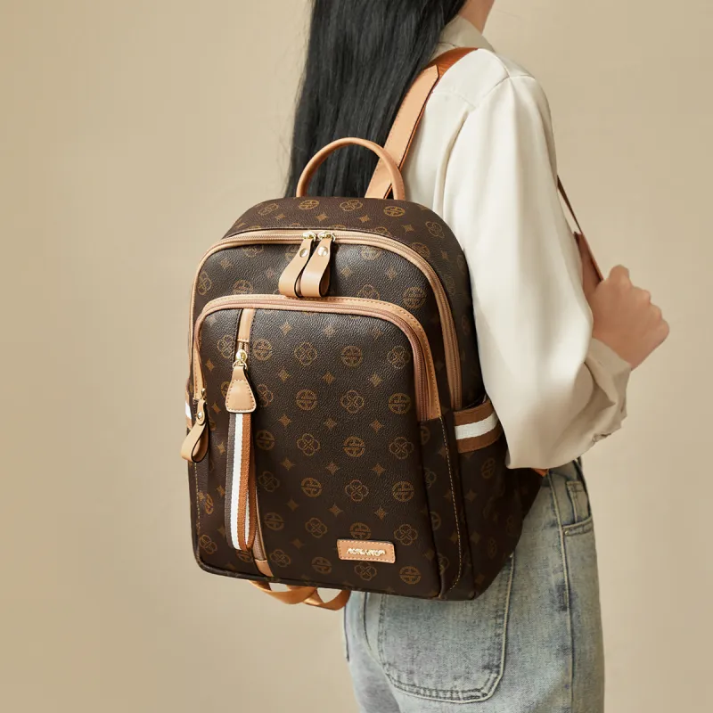 AOKANG PVC Backpack Laptop Bag Regular Women's Coffee/Ecru-1