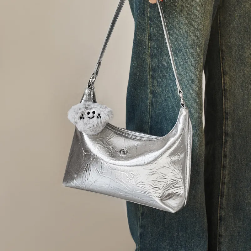 AOKANG Cow Leather Shoulder Bag Women's Starlight Silver/Classic Black-3