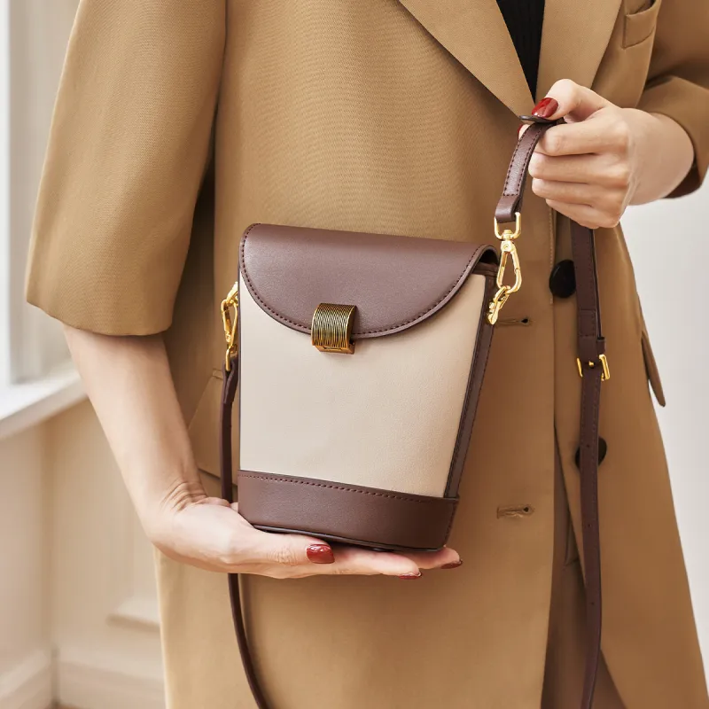 AOKANG Genuine Leather Bucket Bag, Shoulder Bag, Crossbody Bag Small Size Women's Coffee/Cream Apricot-3