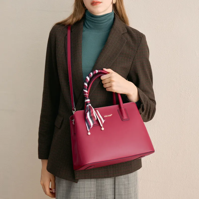 AOKANG Cow Leather Mom Bag, Wedding Bag, Tote Bag, Shopping Bag, Handbag Women's Red/Black/White-6
