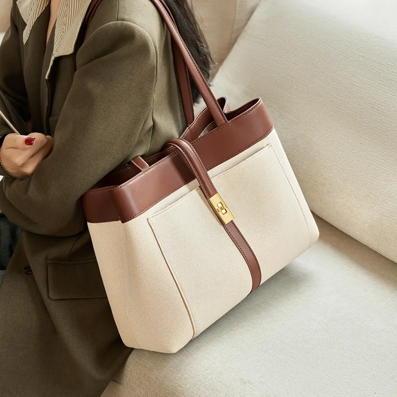 AOKANG Cow Leather Tote Bag, Shopping Bag, Shoulder Bag Large Size Women's Vil Brown/Kama Black-1
