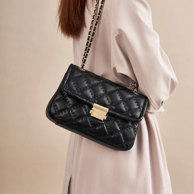 AOKANG Cow Leather Diamond Pattern Chain Bag Shoulder Bag Crossbody Bag Small Square Bag Regular Women's Hepburn Black-6