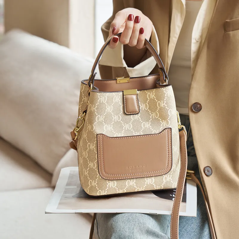 AOKANG PVC Bucket Bag, Handbag, Shoulder Bag, Crossbody Bag Regular Women's Cream Apricot/Coffee Brown-17