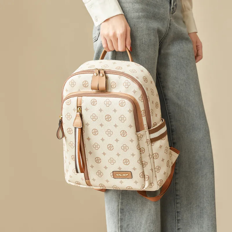 AOKANG PVC Backpack Laptop Bag Regular Women's Coffee/Ecru-7