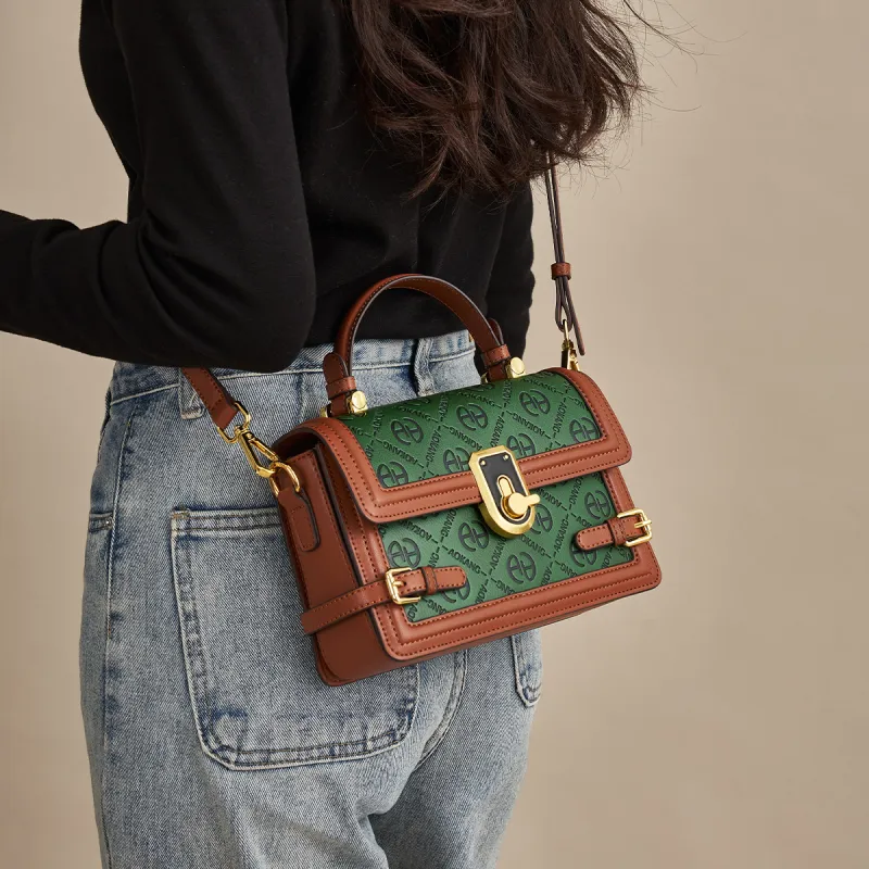 AOKANG Cow Leather Small Square Bag, Shoulder Bag, Crossbody Bag, Handbag Small Size Women's Agate Green/Gold Brown-1