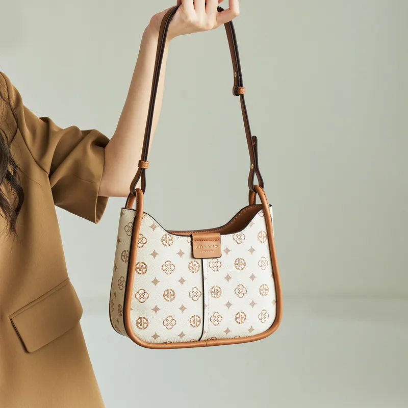 AOKANG PVC Saddle Bag, Shoulder Bag, Monogram Bag Regular Women's Coffee/Ecru-8