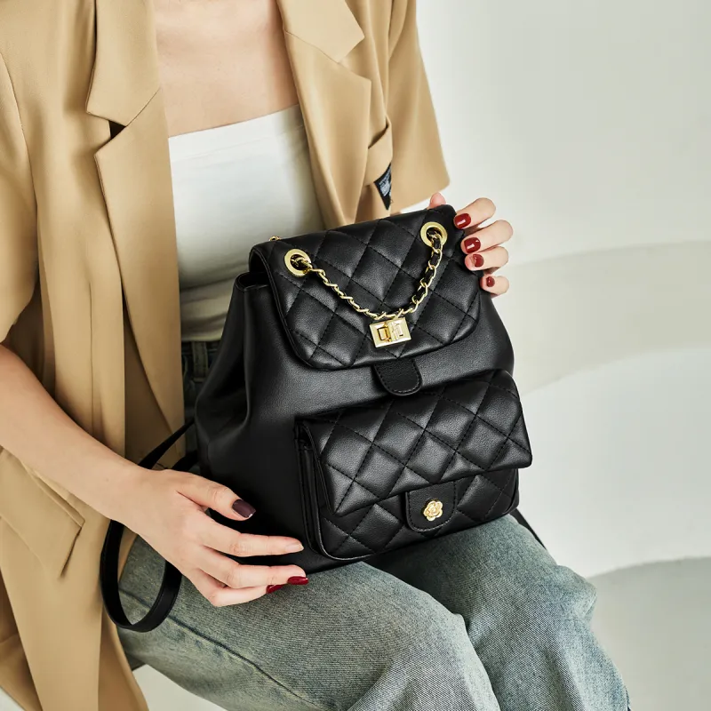 AOKANG Cow Leather Backpack, Diamond Pattern Chain Bag, Commuter Bag Medium Size Women's Classic Black/Ecru-1