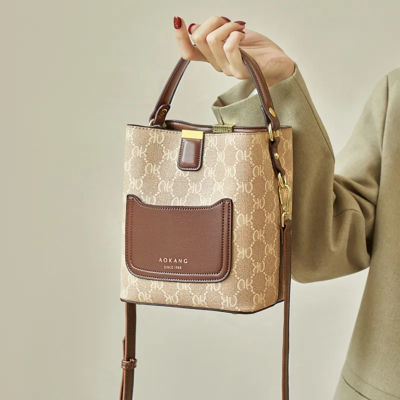 AOKANG PVC Bucket Bag, Handbag, Shoulder Bag, Crossbody Bag Regular Women's Cream Apricot/Coffee Brown-12