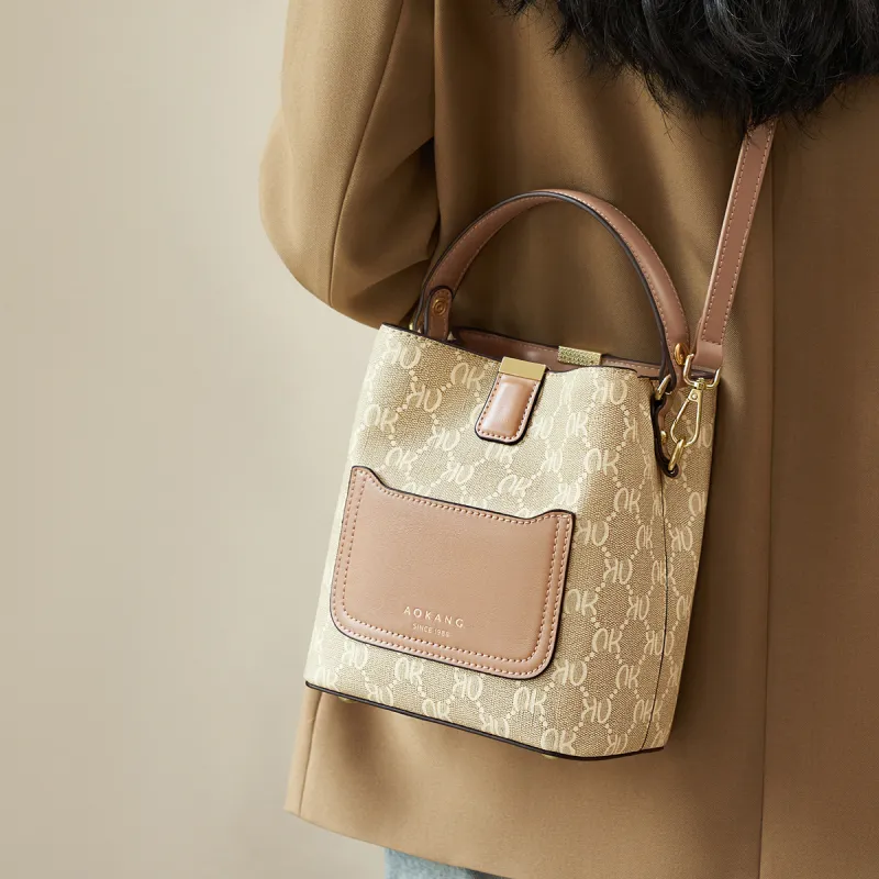 AOKANG PVC Bucket Bag, Handbag, Shoulder Bag, Crossbody Bag Regular Women's Cream Apricot/Coffee Brown-16
