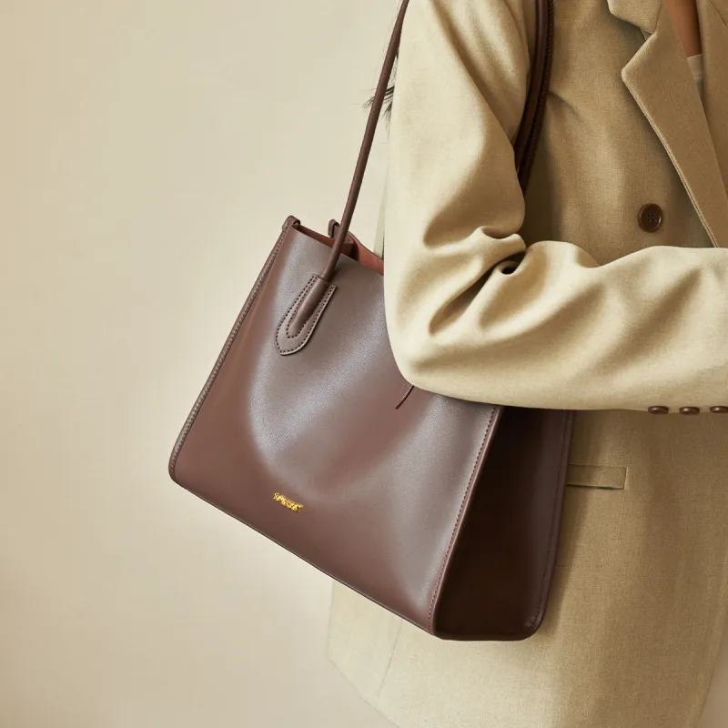 AOKANG Cow Leather Tote Bag, Schooling Bag, Commute Bag, Shoulder Bag Women's Gold Brown/Chestnut Brown/Classic Black-1