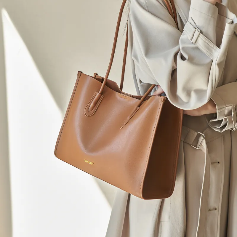 AOKANG Cow Leather Tote Bag, Schooling Bag, Commute Bag, Shoulder Bag Women's Gold Brown/Chestnut Brown/Classic Black-8