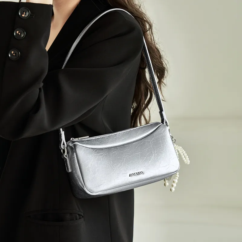 AOKANG Cow Leather Handbag, Shoulder Bag Women's Midnight Black/Milk White/Starlight Silver-11