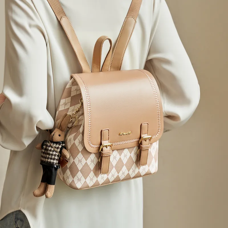 AOKANG PVC With Synthetic Leather Backpack Medium Size Women's Black/Coffee Brown/Cream Apricot-8