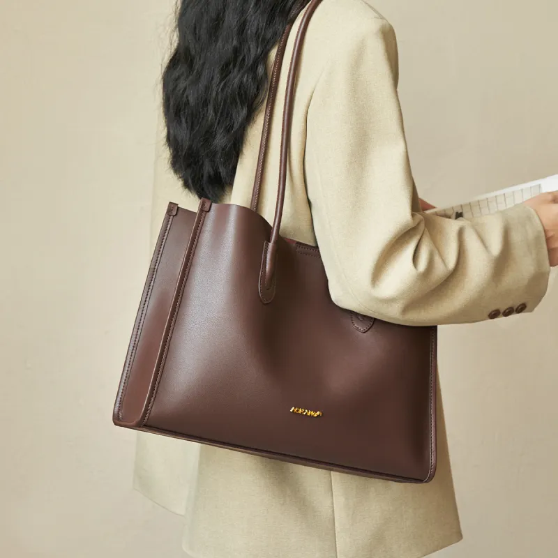AOKANG Cow Leather Tote Bag, Schooling Bag, Commute Bag, Shoulder Bag Women's Gold Brown/Chestnut Brown/Classic Black-2