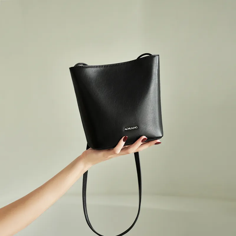 AOKANG Cow Leather Bucket Bag, Shoulder Bag, Crossbody Bag, Commuter Bag Regular Women's Mocha/Obsidian Black/Coffee-5