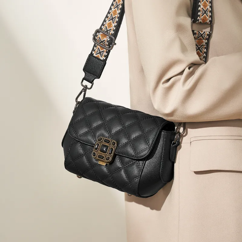 AOKANG Cow Leather Shoulder Bag, Crossbody Bag Regular Women's Elegant White/Classic Black-11