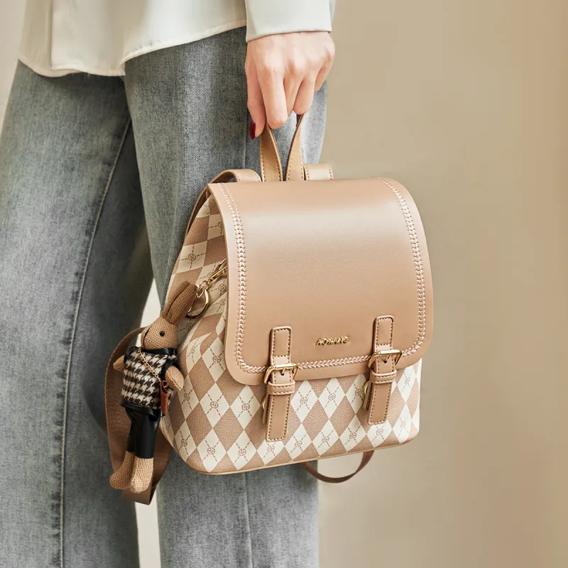 AOKANG PVC With Synthetic Leather Backpack Medium Size Women's Black/Coffee Brown/Cream Apricot-9