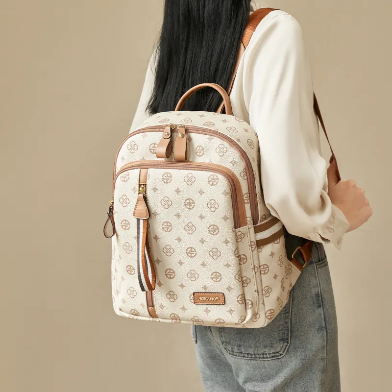 AOKANG PVC Backpack Laptop Bag Regular Women's Coffee/Ecru-6