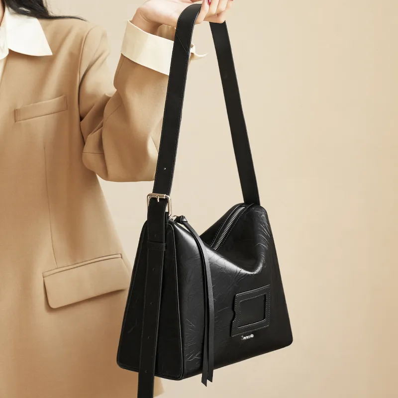 AOKANG Cow Leather Shoulder Bag Medium Size Women's Chocolate/Classic Black-6