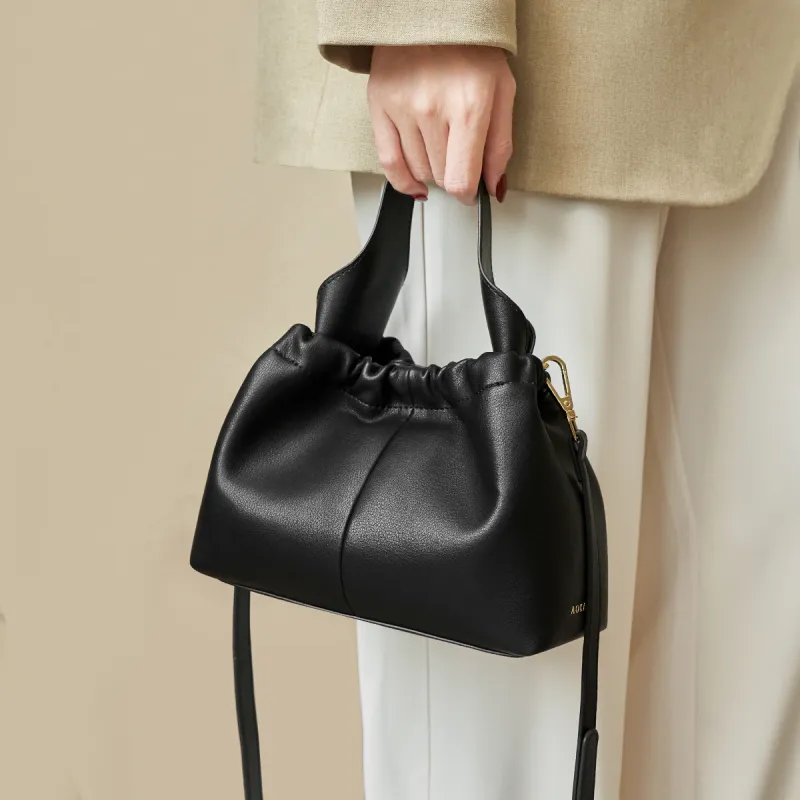 AOKANG Cow Leather Bucket Bag, Crossbody Handbag Small Size Women's Cream Apricot/Classic Black-6