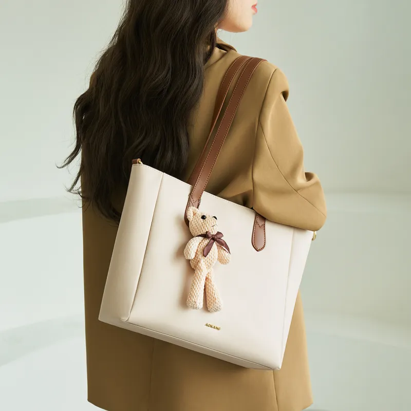 AOKANG Cow Leather With Synthetic Leather Tote Bag, Shoulder Bag, Handbag, Commuter Bag Large Size Women's Ecru-3
