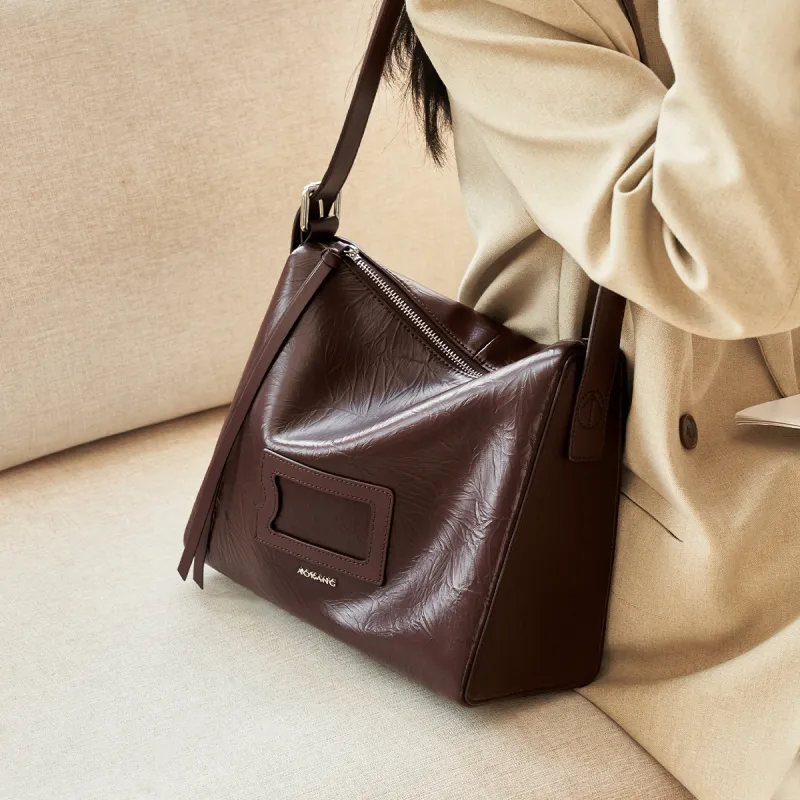 AOKANG Cow Leather Shoulder Bag Medium Size Women's Chocolate/Classic Black-1