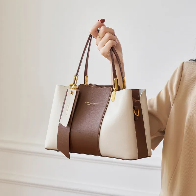 AOKANG Cow Leather Mom Bag, Tote, One Shoulder Handbag Medium Size Women's Light Coffee/Classic Black/Beige Apricot-1