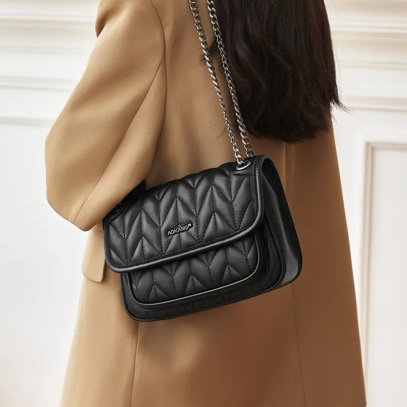 AOKANG Cow Leather Shoulder Bag With Diamond Pattern Chain, Crossbody Bag Regular Women's Classic Black/Milkshake White-1
