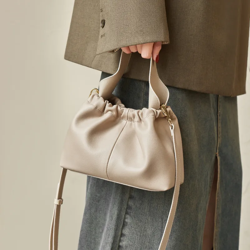 AOKANG Cow Leather Bucket Bag, Crossbody Handbag Small Size Women's Cream Apricot/Classic Black-3