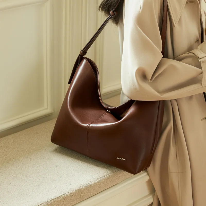 AOKANG Vegetable Tanned Cow Leather Tote Bag, Shopping Bag, Shoulder Bag Regular Women's Coffee/Classic Black/Caramel-1