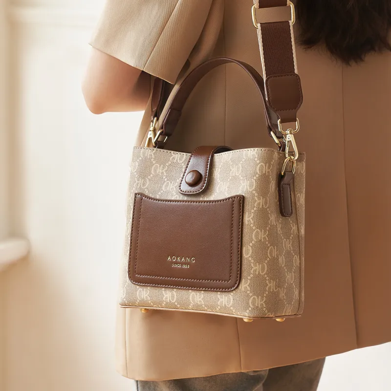 AOKANG PVC Bucket Bag, Handbag, Shoulder Bag, Crossbody Bag Regular Women's Cream Apricot/Coffee Brown-8