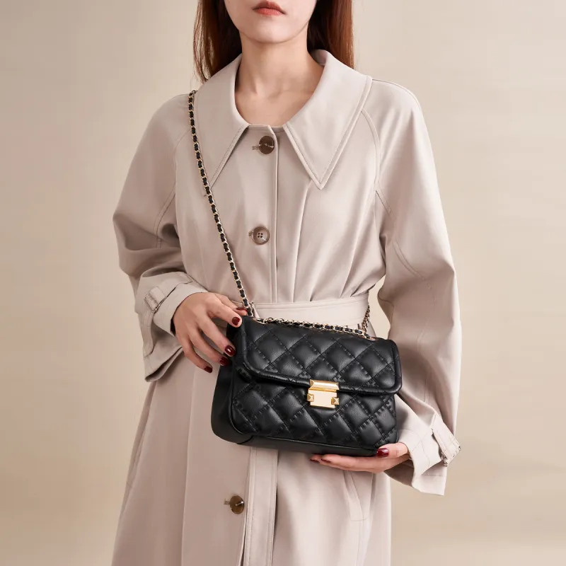 AOKANG Cow Leather Diamond Pattern Chain Bag Shoulder Bag Crossbody Bag Small Square Bag Regular Women's Hepburn Black-4