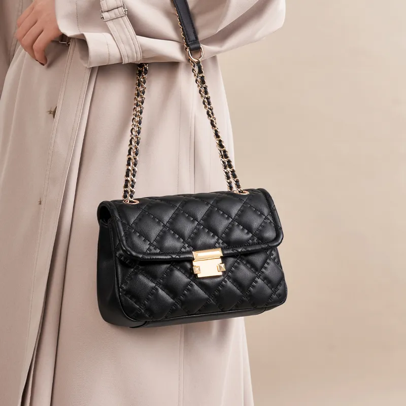 AOKANG Cow Leather Diamond Pattern Chain Bag Shoulder Bag Crossbody Bag Small Square Bag Regular Women's Hepburn Black-5