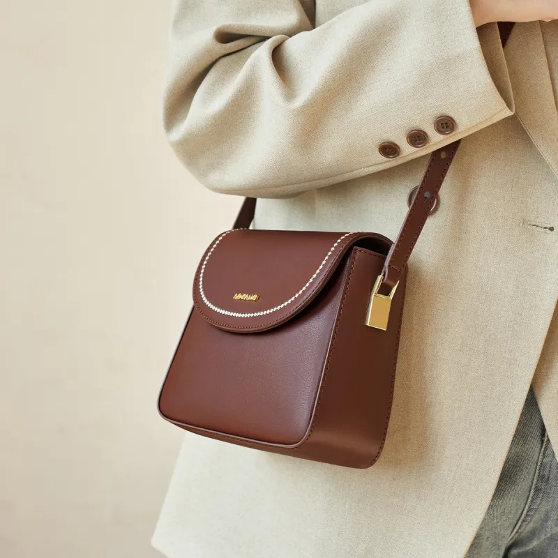AOKANG Cow Leather Small Square Bag Shoulder Bag Small Size Women's Caramel Coffee/Cream Apricot/Classic Black-3