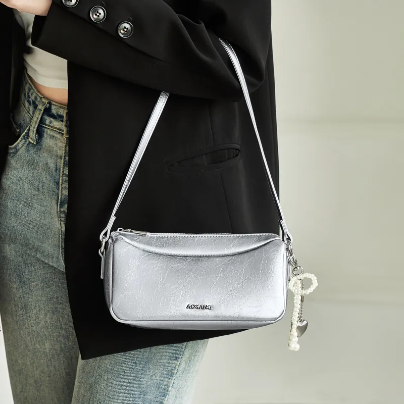 AOKANG Cow Leather Handbag, Shoulder Bag Women's Midnight Black/Milk White/Starlight Silver-9