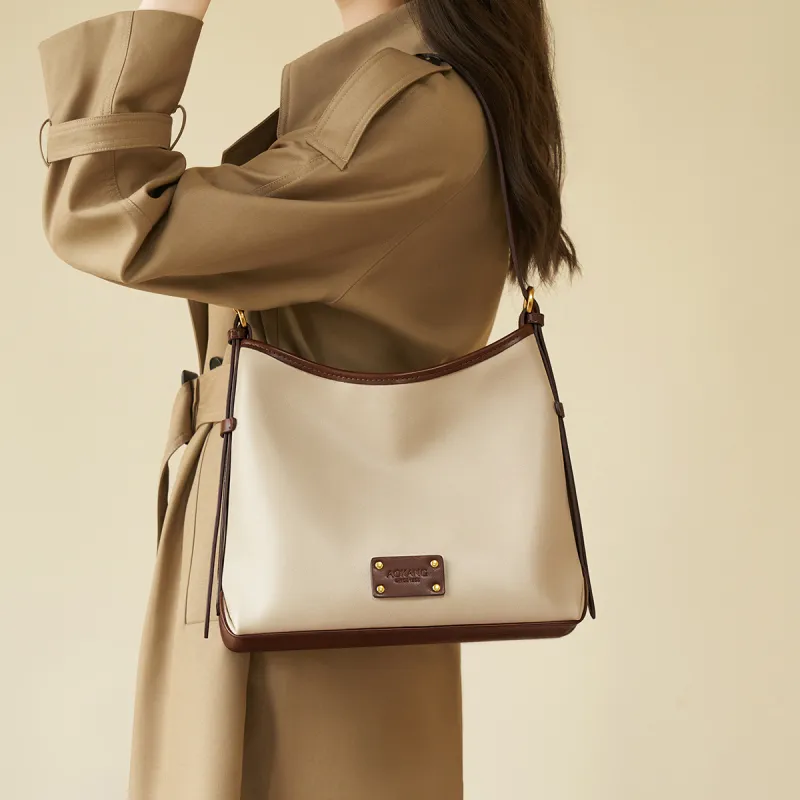 AOKANG Vegetable Tanned Cow Leather Tote Bag, Shoulder Bag, Crossbody Bag Regular Women's Coffee/Beige Apricot-7