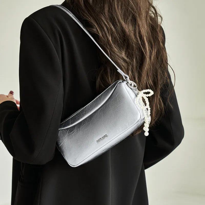 AOKANG Cow Leather Handbag, Shoulder Bag Women's Midnight Black/Milk White/Starlight Silver-10